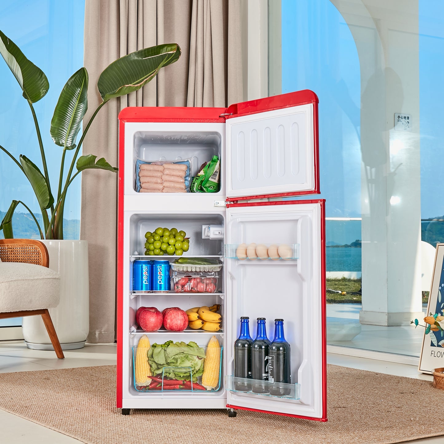 4.5 cu. ft. Dual Zone Refrigerator, 3.3 Fridge + 1.2 cu. ft. 4-Star Freezer, Red， 16.69" x 17.52" x 40.08"